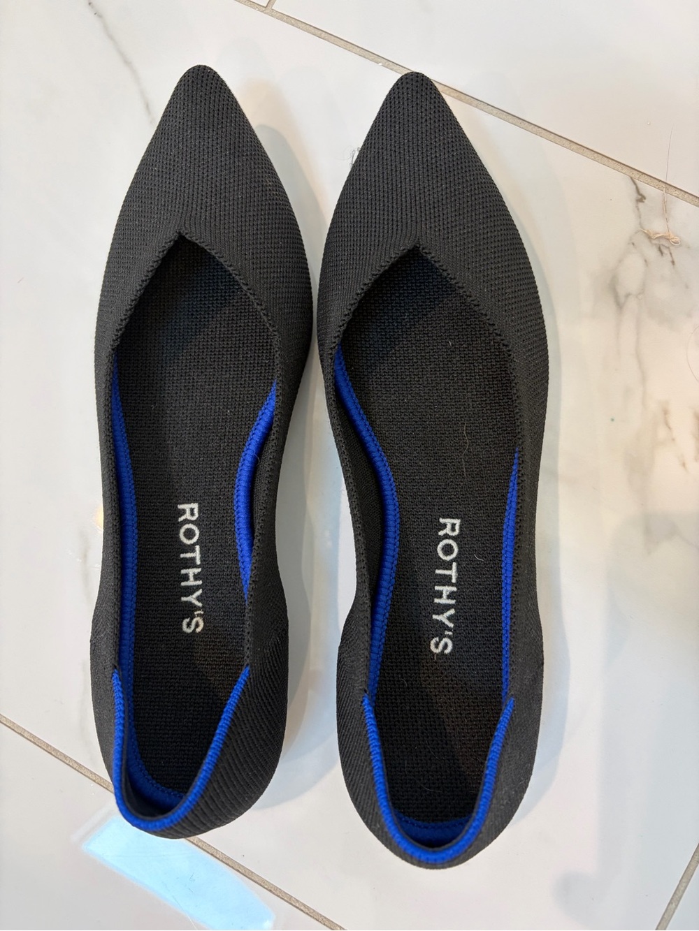 Rothy's Black Pointed Knit Flats with Blue Trim